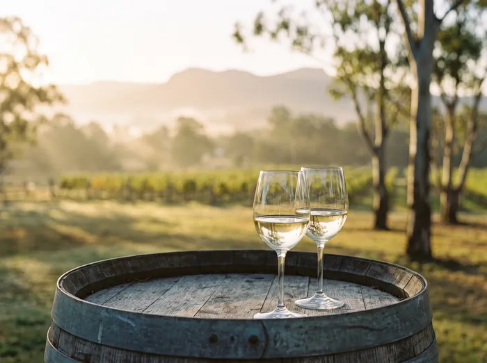 Two glasses of white wine on a barrel at a Hunter Valley cellar door (illustrative)