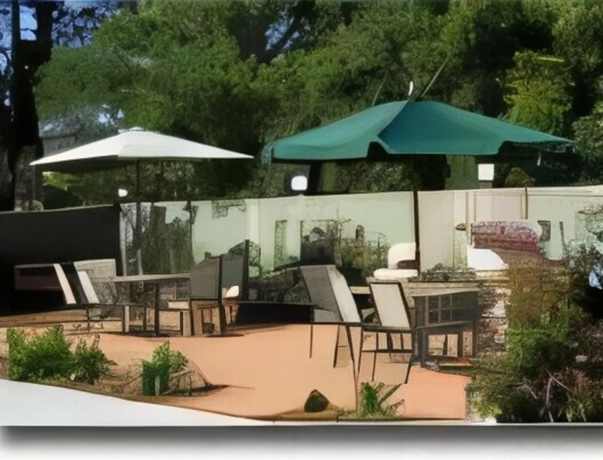 Tables and umbrellas in the courtyard garden