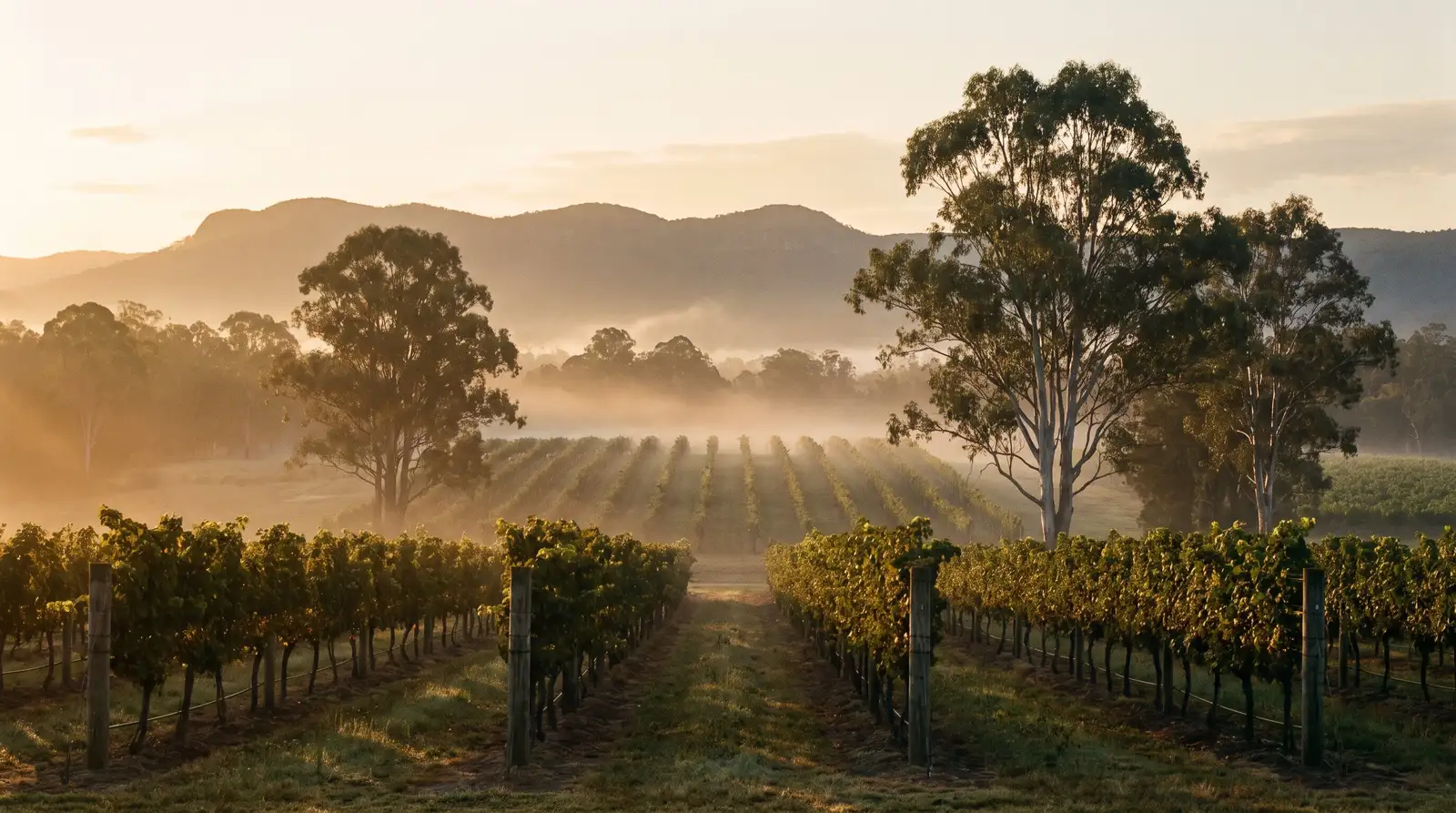 Vineyard rows at dawn in the Hunter Valley, mist between the vines (illustrative)