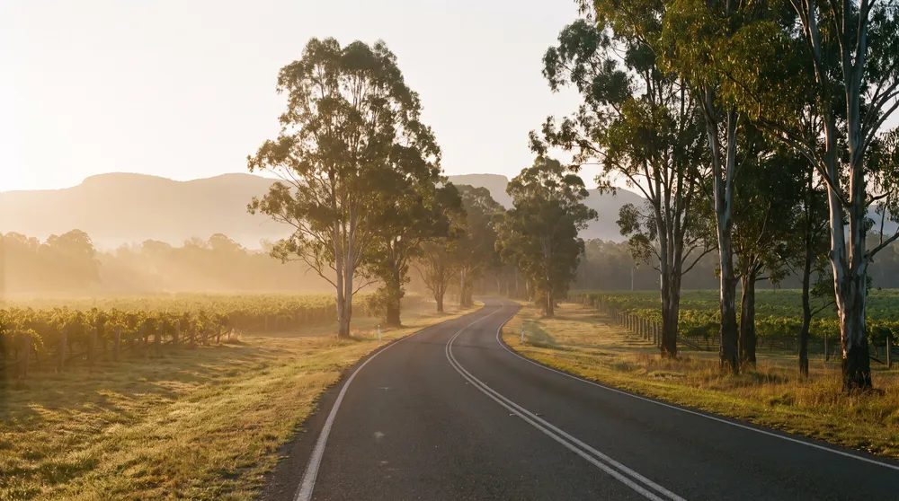A country road winding through Hunter Valley wine country at first light (illustrative)